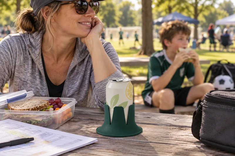 An opened sparkling-water can in Forest Steadi beside a parent’s lunch between games. AI lifestyle illustration.