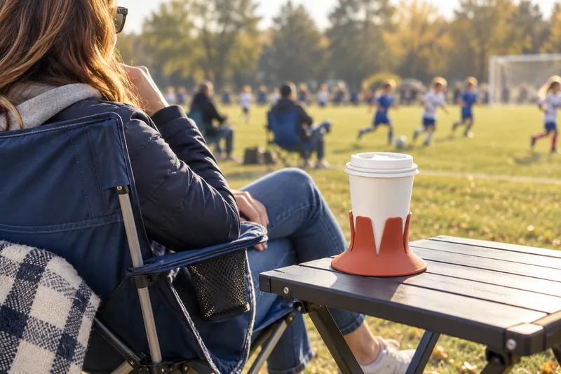 A lidded takeaway coffee in Terracotta Steadi beside a parent watching soccer. AI lifestyle illustration.