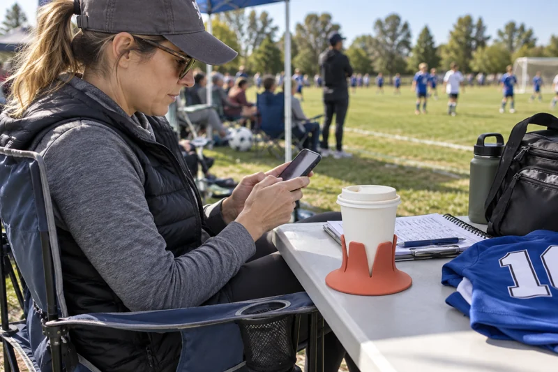 Parent checking team messages between youth games with paper takeaway coffee cup with sipping lid in Steadi on wide level sideline table by parent's folding chair, away from gear-bag opening. AI illustration.