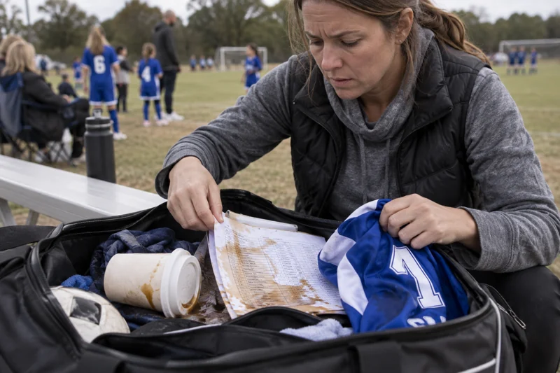 Reaching into gear bag catches coffee; team roster and child's spare jersey get wet. AI illustration.